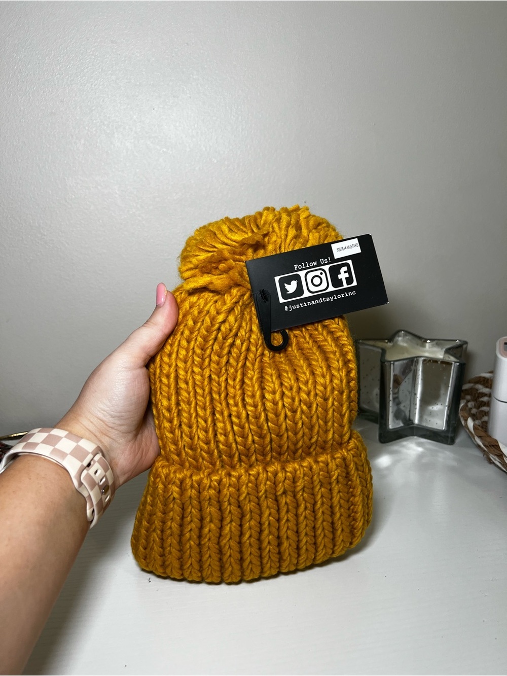 Justin & Taylor Mustard Knit Pom Beanie